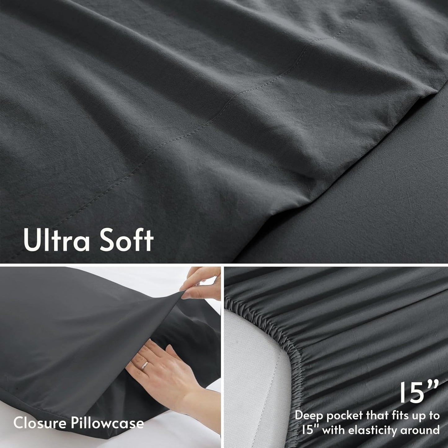 JOLLYVOGUE Queen Size Bed Sheet Set - 4 Piece Bed Sheets Set with Deep Pocket - Soft Breathable & Cooling - Resists Shrinkage & Fading Draps Queen - Easy Care (Dark Grey)
