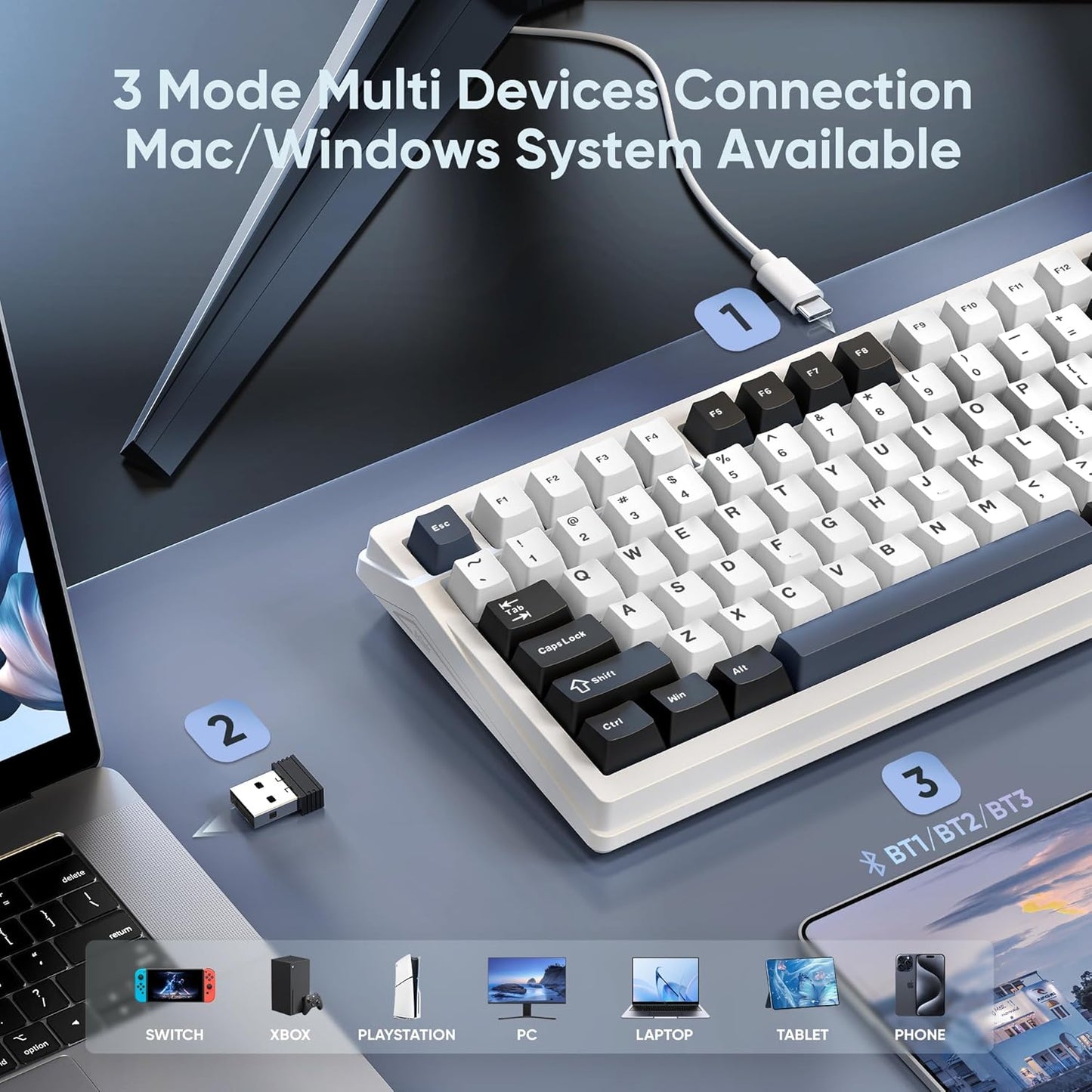 RedThunder K95 Wireless Mechanical Keyboard,TFT Screen & Knob, Tri-Mode BT5.0/2.4GHz/USB-C Hot Swappable Custom, Pre-lubed Linear Switches,Gasket Structure, RGB Gaming Keyboard for WIN/IOS, White-Blue