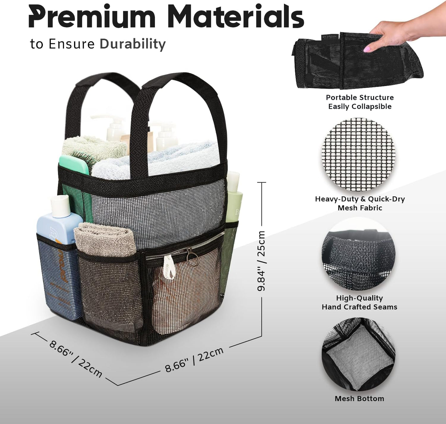 Mesh Shower Caddy Portable 10.2x9.9'' Shower Bag with Zipper & 2 Pockets. Shower Tote Ideal for Gym, Travel, Camp, Beach, for Sunscreen, Dorm & College Essentials (Black)