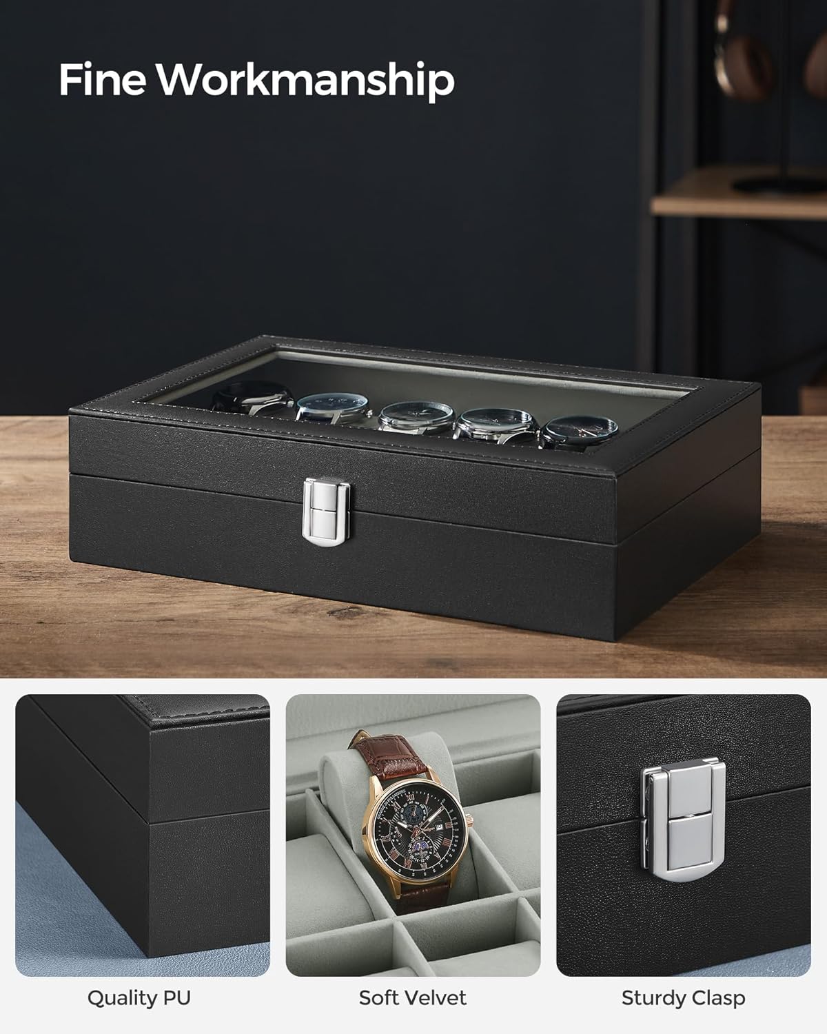 SONGMICS Watch Box, 6-Slot Watch Case, Watch Box Organizer, Black Synthetic Leather, Greenish Gray Lining UJWB06BK