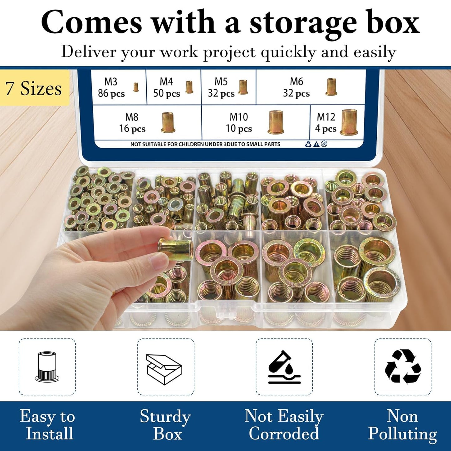 Vifmy Metric & SAE Rivet Nut Assortment Kit(420 Pcs),m3 m4 m5 m6 m8 m10 m12#6-32#8-32#10-24 1/4"-20 5/16"-18 3/8"-16 UNC Flat Head Rivnut Set,Zinc Plated Finish Carbon Steel Nutsert