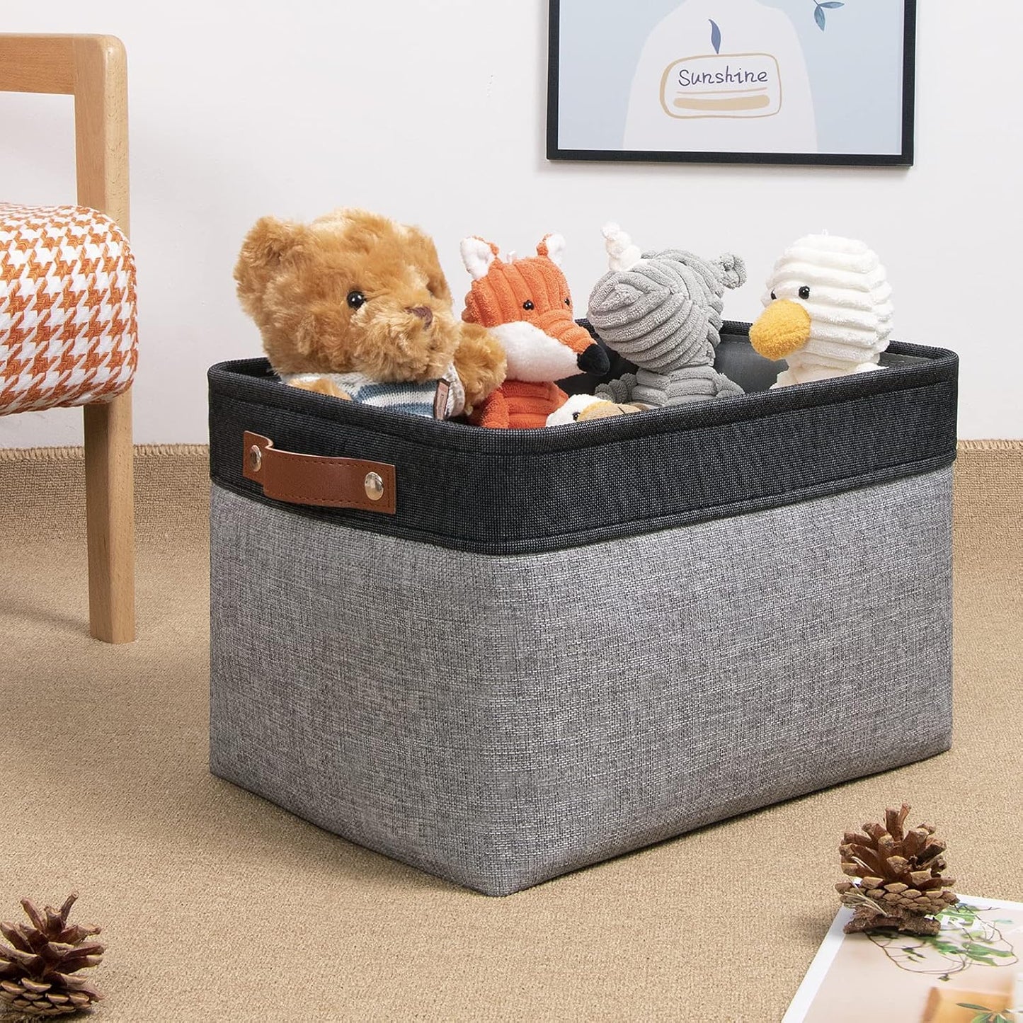 DULLEMELO Storage Baskets for Shelves, Fabric Collapsible Rectangular Storage Bins for Shelves, Closets, Nursery, Home, Office, Empty Gift Baskets (White&Teal)