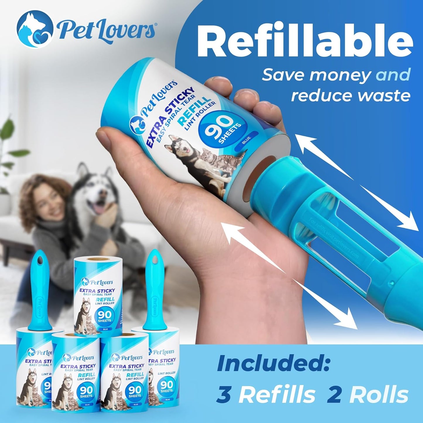 PetLovers Extra Sticky Lint Roller Mega Value Set for Pet Hair Removal, Dog and Cat Lint Remover (1 Pack Reusable)