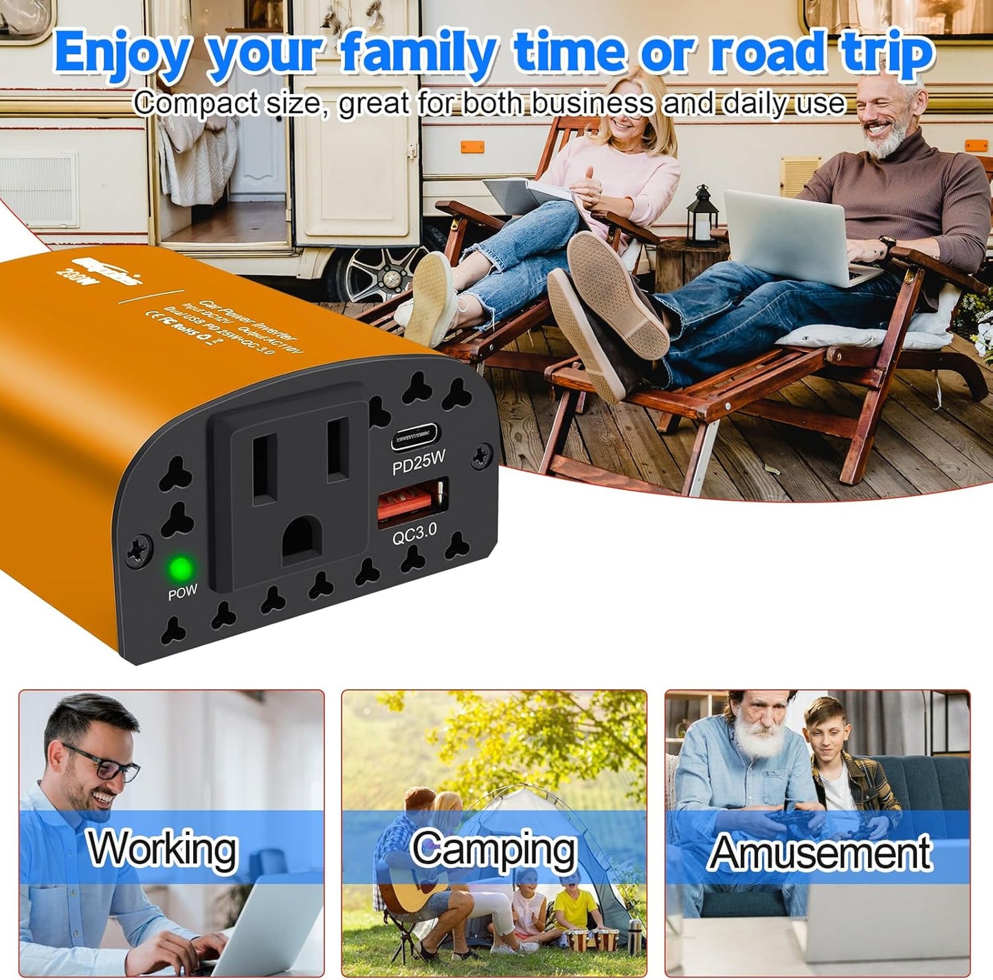 200W Car Power Inverter DC 12V to 110V AC Car Outlet Adapter Converter with PD 25W &QC3.0 USB Ports Laptop Car Charger