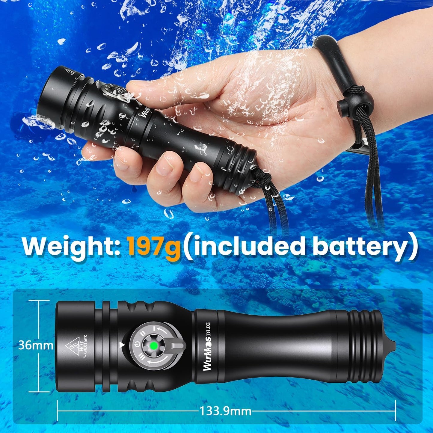 Wurkkos DL02 Scuba Diving Flashlight, Max 3000Lumen, 496M Long Range, 100M Underwater, Power Indicator, 3 Lighting Modes, Submarine Light for Deep Sea Cave