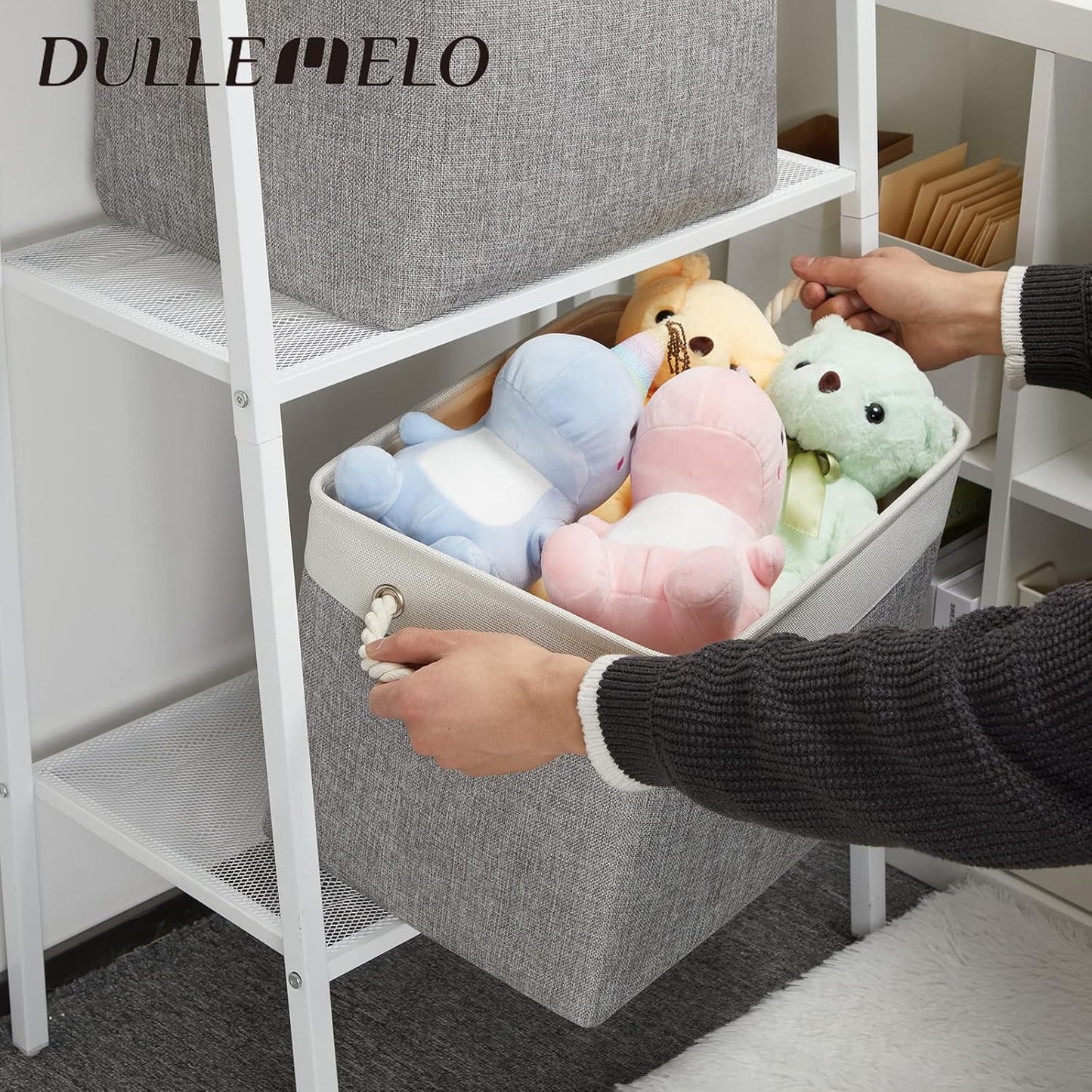 DULLEMELO Storage Baskets for Shelves, Fabric Collapsible Rectangular Storage Bins for Shelves, Closets, Nursery, Home, Office, Empty Gift Baskets (White&Teal)