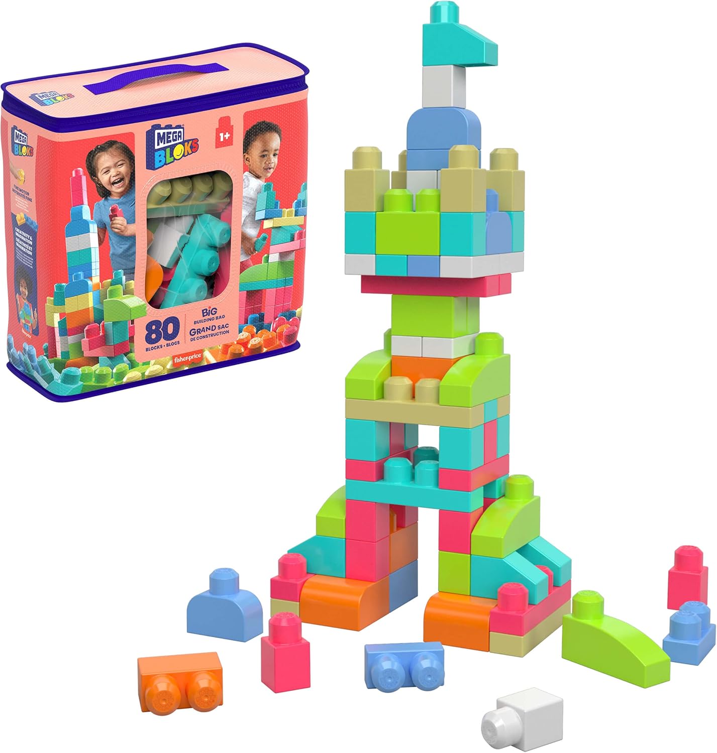 MEGA BLOKS First Builders Toddler Blocks Toys Set, Big Building Bag with 80 Pieces and Storage, Blue, Ages 1+ Years