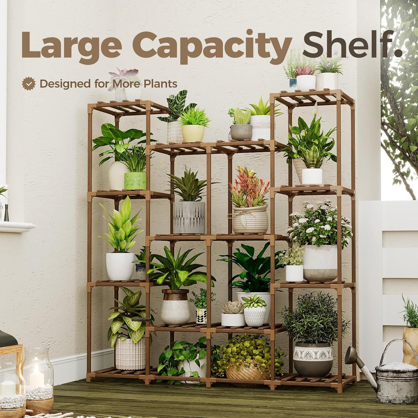 Bamworld Plant Stand Indoor Outdoor Hanging Plant Shelf for Multiple Plants Pots Wood Flower Stand Tall Large Flower Holder for Living Room, Patio, Balcony, Garden Decor, Brown