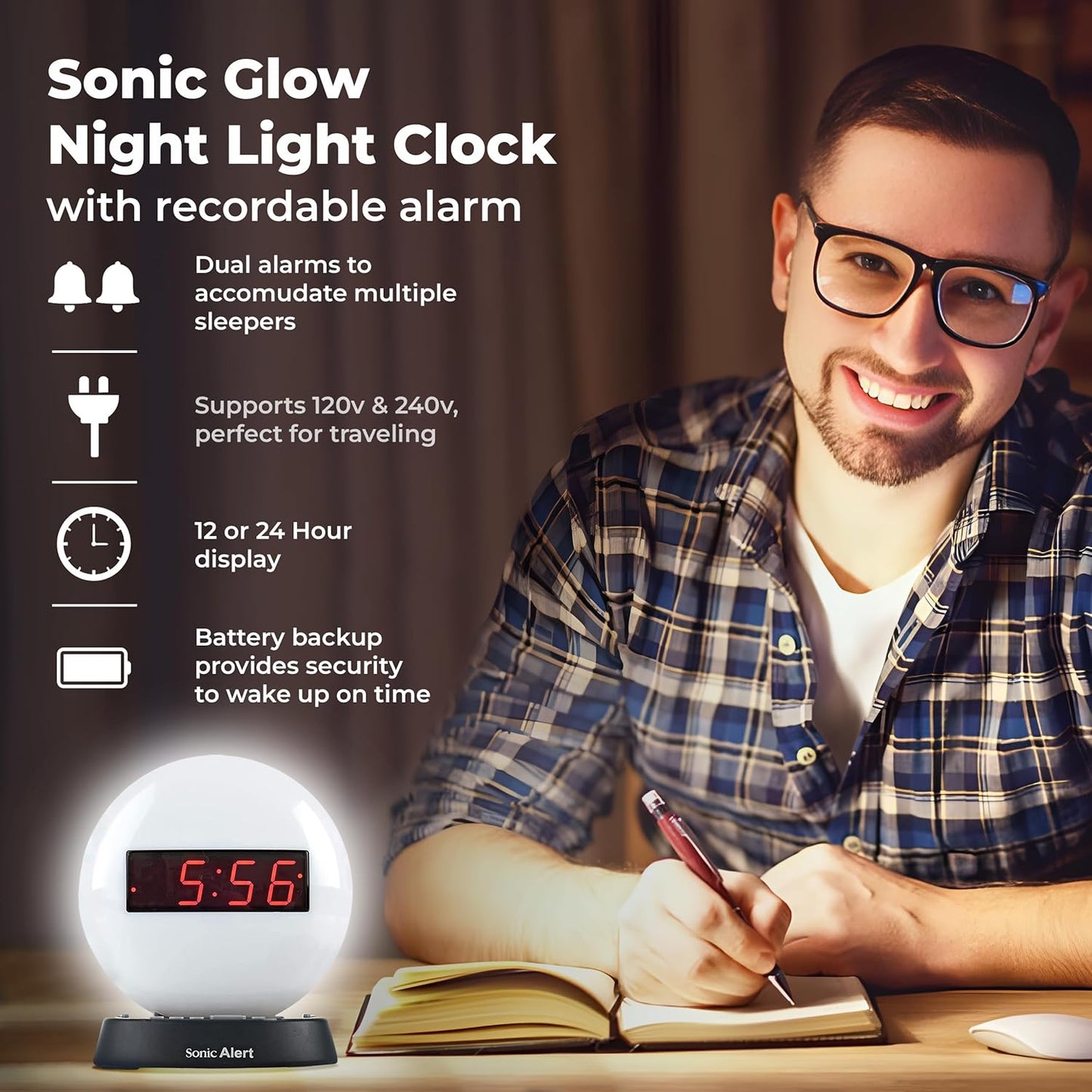 Sonic Alert Baseball Alarm Clock Nightlight for Heavy Sleepers - Loud & Compact Alarm Clock for Bedroom - Battery Backup & Full Range Dimmer - Easy to Set Digital Alarm Clock for Kids - AUX Connection