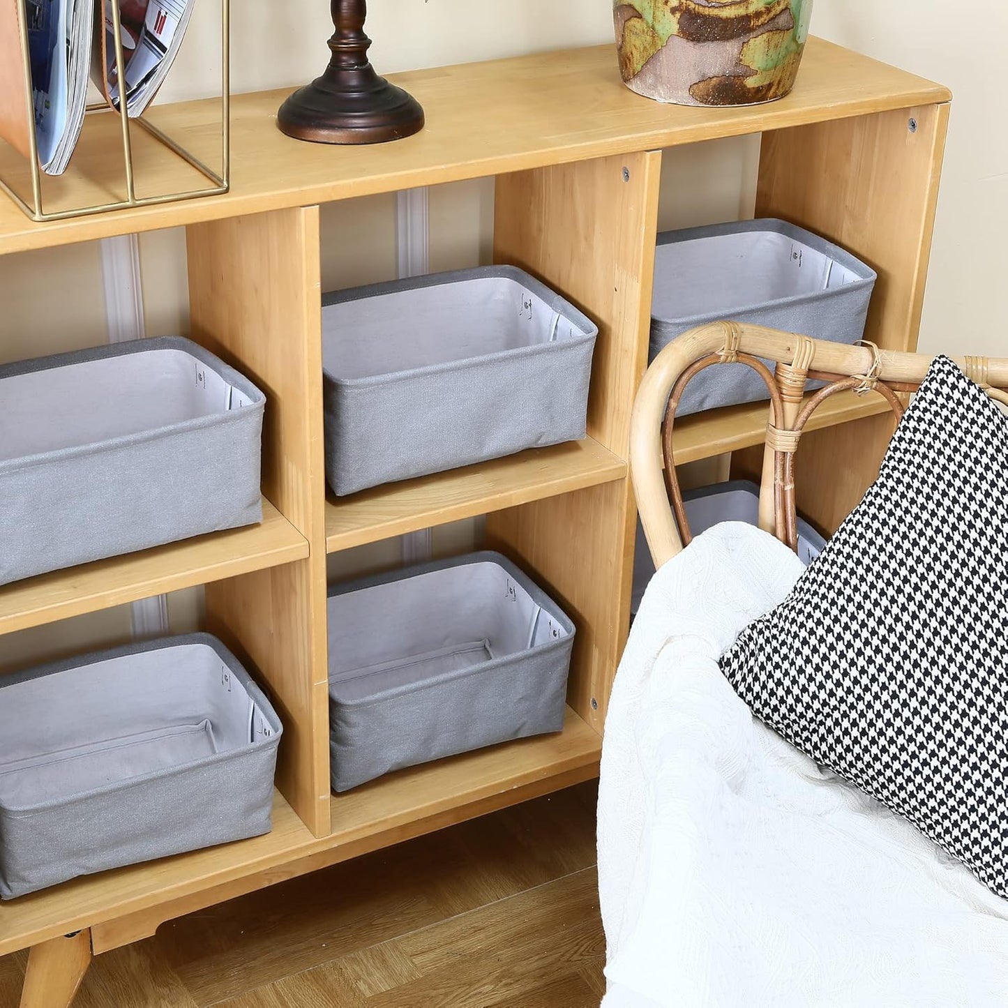 Hinwo 6-Pack Small Canvas Fabric Storage Baskets Set with Handles, Open Storage Bins, Cube Storage Organizer, Shelf Organizer Bins for Closet, 7.9L, 12 x 8 x 5 Inches, Grey Stripe