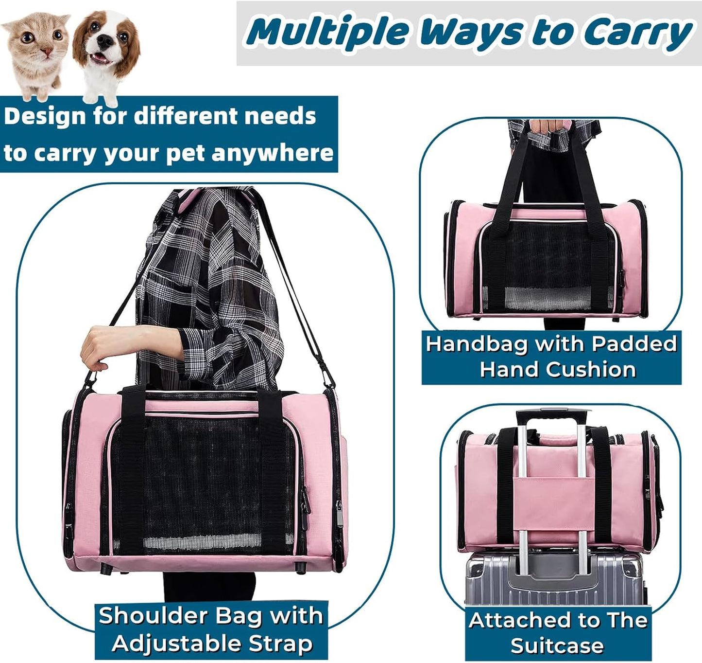 ORYEDA Cat Carrier Bag, Dog Travel Carriers, Airline Approved Soft-Sided Pet Carrier for Small Medium Cats and Small Dogs, Portable Carrier with 4 Open Doors and 3 Mesh Windows, Grey, Collapsible
