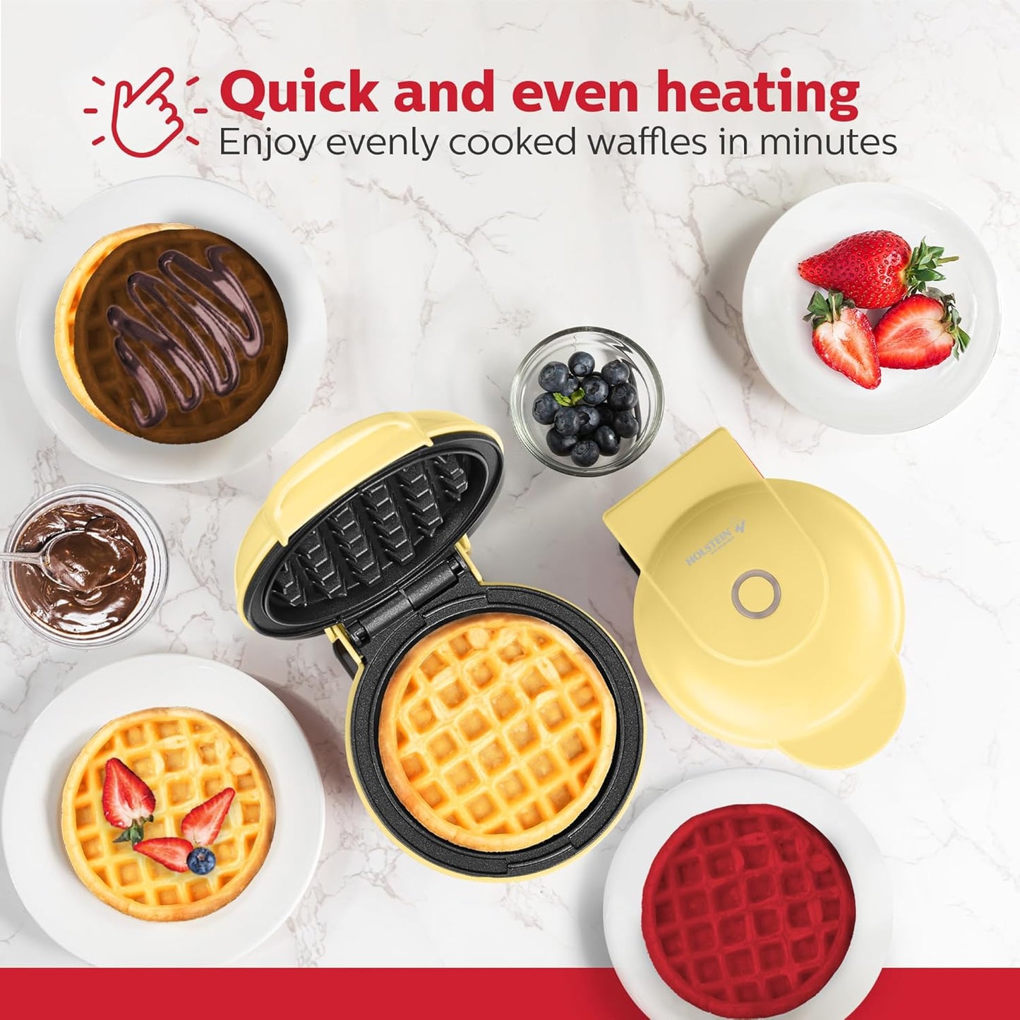 Holstein Housewares Personal/Mini Waffle Maker, Non-Stick Coating, Yellow - 4-inch Waffles in Minutes, Ideal for Breakfast, Brunch, Lunch or Snacks