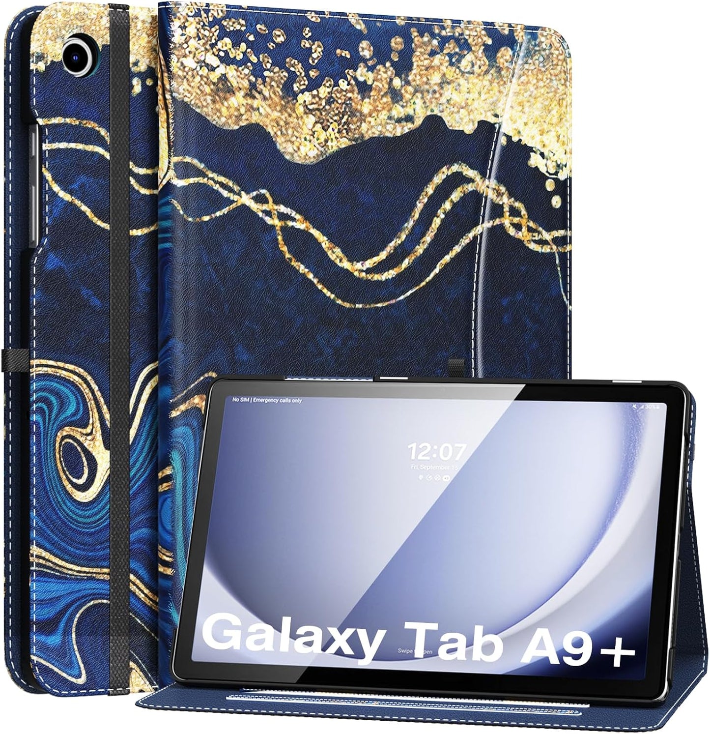 MoKo Case for Samsung Galaxy Tab A9 Plus 11" 2023 (SM-X210/SM-X216/SM-X218), PU Leather Multi-Angle Viewing Folding Stand Cover Case with Hand Strap, Front Pocket, Auto Wake/Sleep, Denim Blue & Brown