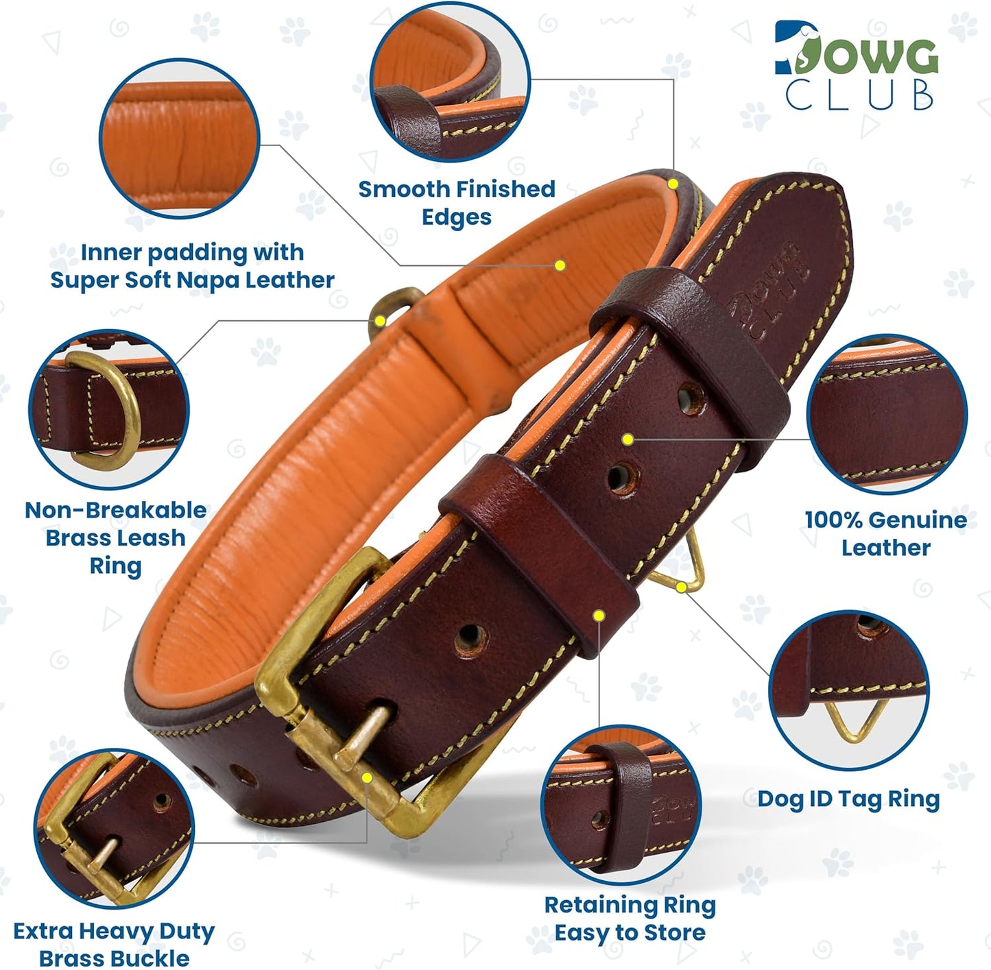 DowgClub | Genuine Leather Dog Collar | Full Grain, Heavy Duty | Comfortable, Strong | Best for Pups, Small, Medium & Large Breeds | Pink, Brown, Black, Tan