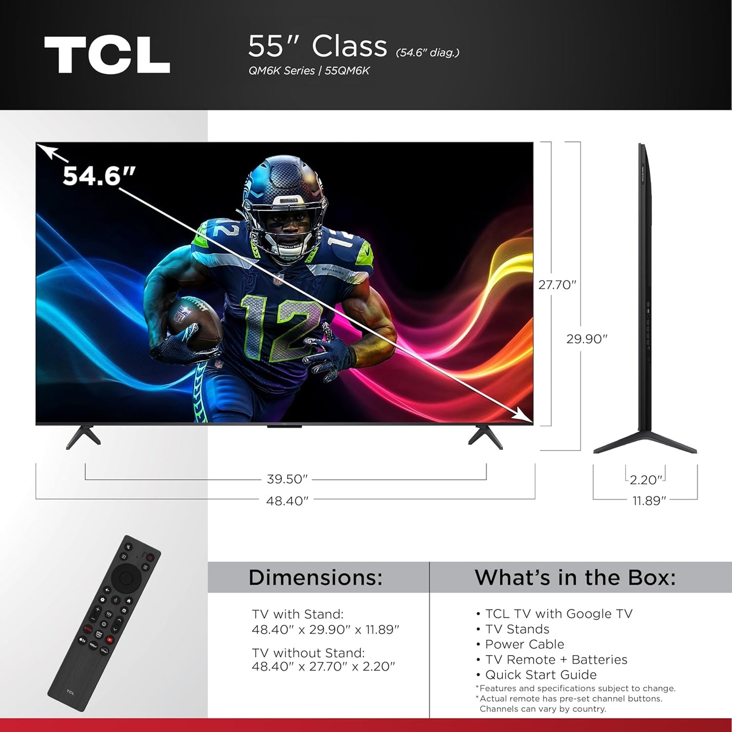 TCL 55-Inch QM6K Series QLED 4K Smart QD-Mini LED TV with Google TV (2025 Model) New Halo Control System, LD500 Precise Dimming Series, High Contrast HVA Panel, 144Hz Native Panel Refresh Rate