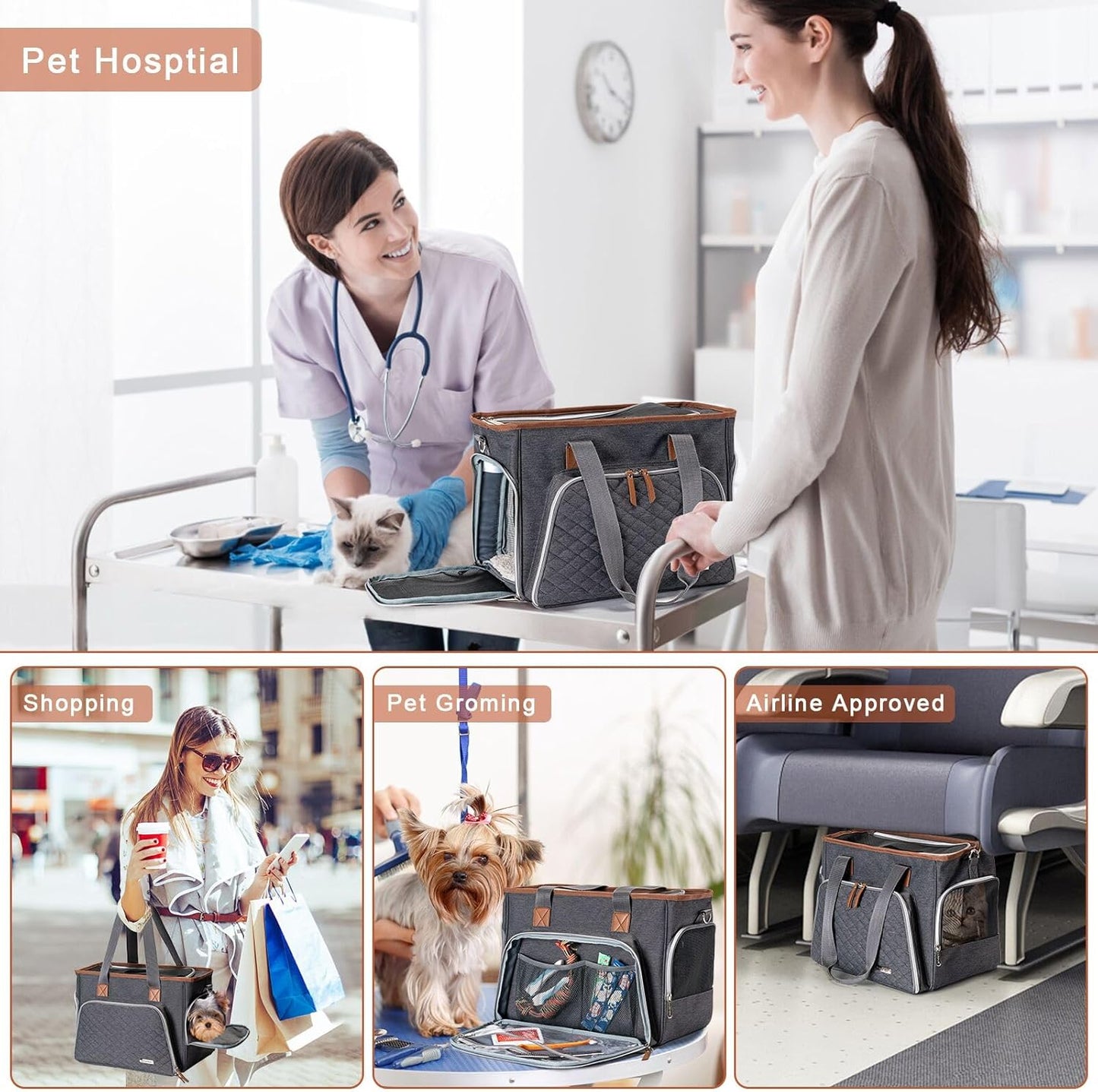 BABEYER Cat Purse Carrier, Puppy Purse Carrier, TSA Airline-Approved Pet Carrier for Small Dogs and Cats Under 12lbs for Travel, Outdoor, Vet Visits-Grey