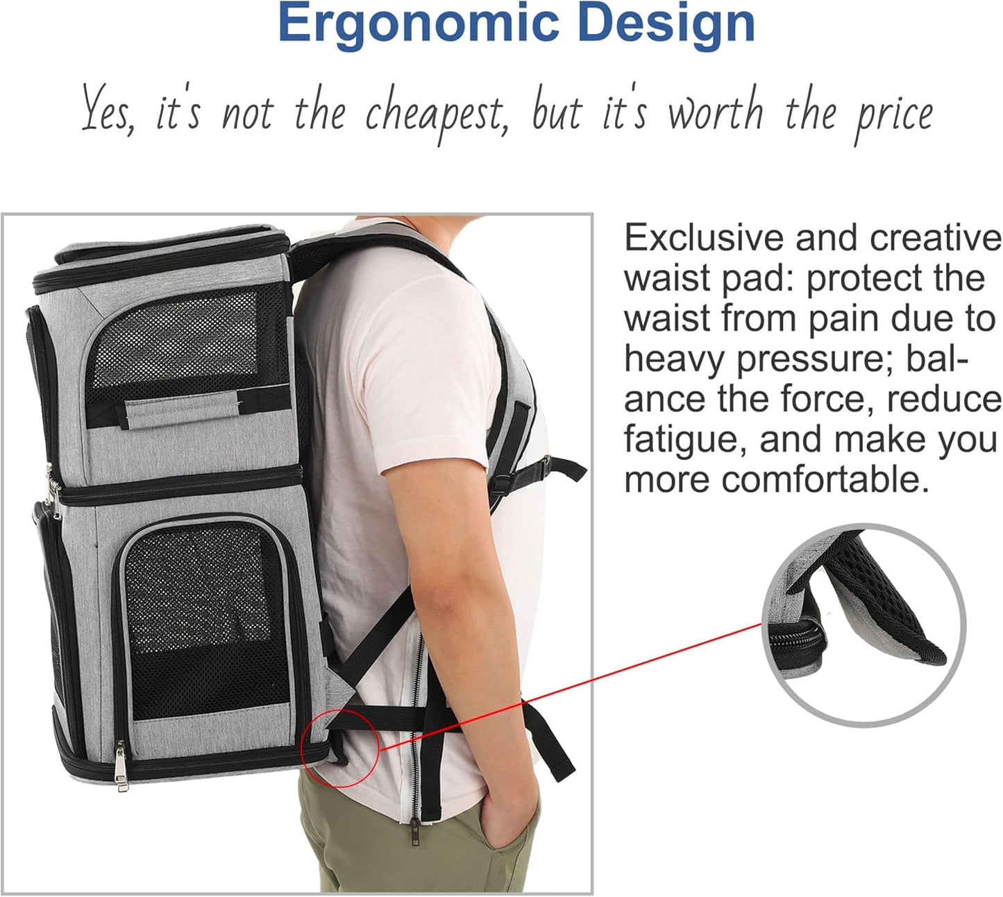 Pet Backpack Carrier Double-Compartment, Portable Pet Cat Carrier Travel for 2 Small Cats or Dogs, Breathable Large Size Cat Carrier Backpack, Perfect for Travel/Hiking/Camping/Walking Outdoor, Grey