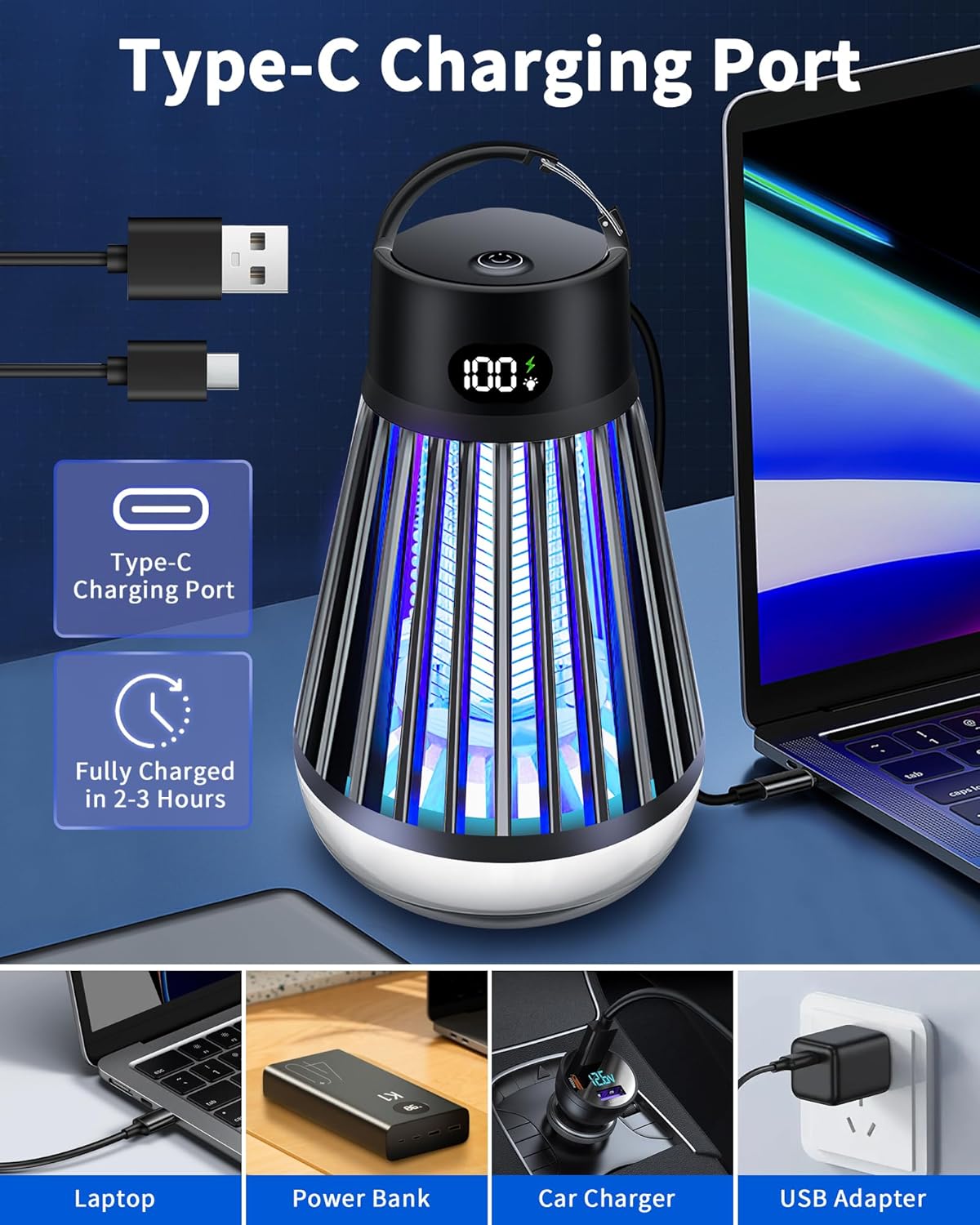 Eachway Bug Zapper Outdoor, 2 in 1 Powered Mosquito Zappers Killer with 2000mAh Battery & LED Light, 2000V Electric Fly Zapper, Waterproof Insect Zapper for Backyard, Patio (Black)
