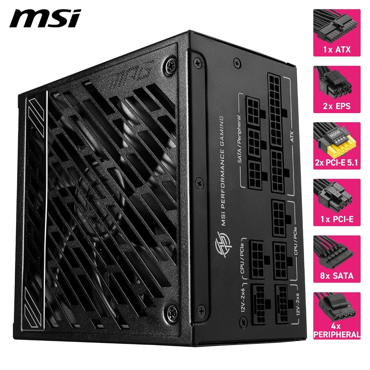 MSI MPG A1250GS PCIE5, 80 Plus Gold Full Modular 1250W Power Supply, 12V-2x6 Cable, ATX 3.1 & PCIE 5.1 Ready