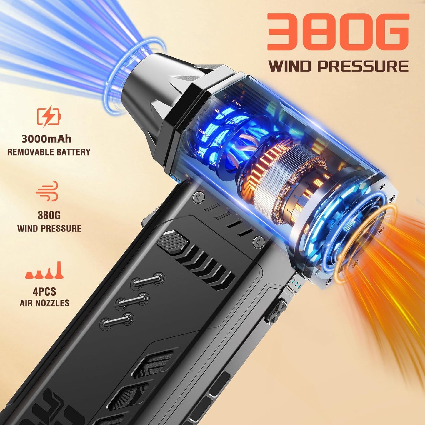 X301 Compressed Air Duster-250000RPM Super Power Electric Air Duster, Replaceable Batteries,Long Life mini Blower, 3-Gear Adjustable,4 nozzles for Computer, Keyboard, Outdoors and Car Cleaning