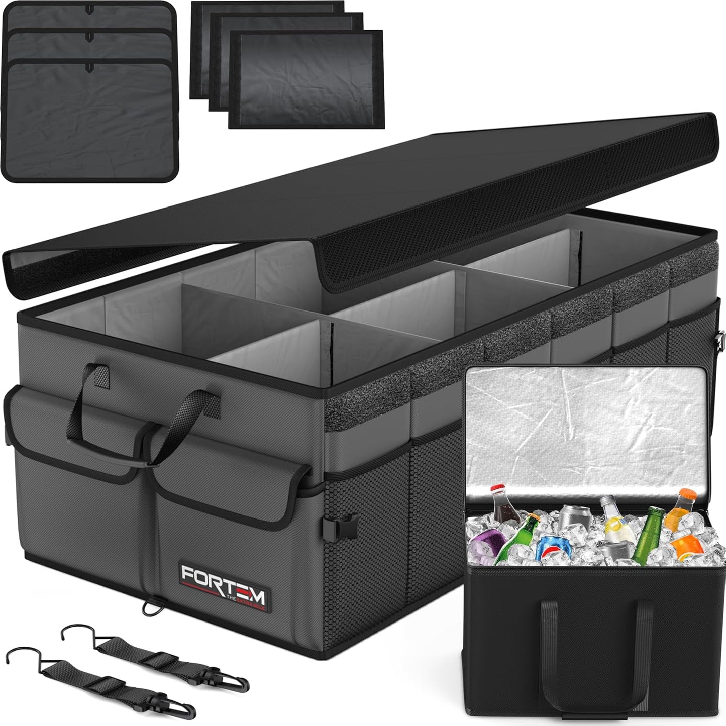 FORTEM Car Trunk Organizer, Collapsible Multi Compartment Car Organizer, Foldable SUV Storage for Car Accessories for Women Men, Non Slip Bottom, Securing Straps, Soft Cover 50L (Black, Standard)