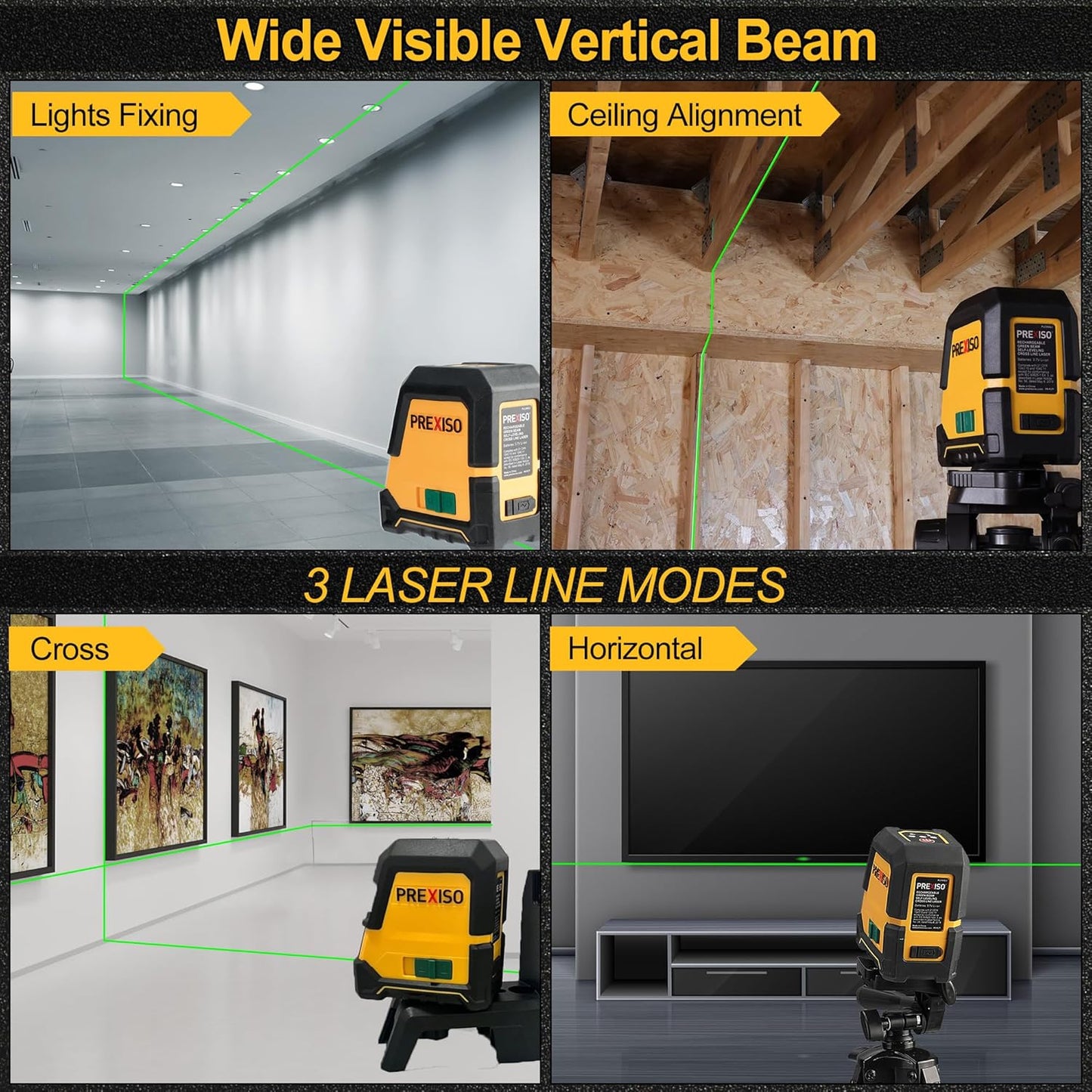 PREXISO Laser Level Self Leveling, 100 Ft Rechargeable & Selectable Green Cross Line Laser Level for Construction, Floor Tile, Home Renovation with Magnetic Pivoting Base, Target Plate & Portable Bag