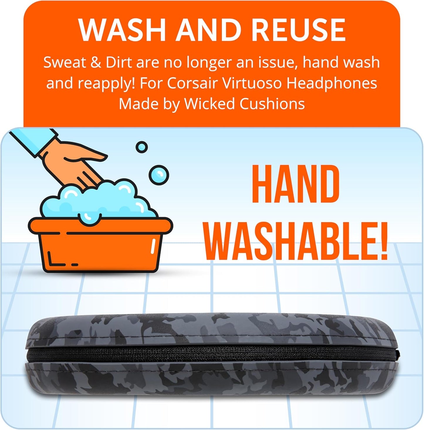WC BandZ Virtuoso V2 - Silicone Headband Cover for Corsair Virtuoso Headphones by Wicked Cushions | Machine Washable, No More Flaking Leather | for Virtuoso Wireless, XT, and SE | Black Camo