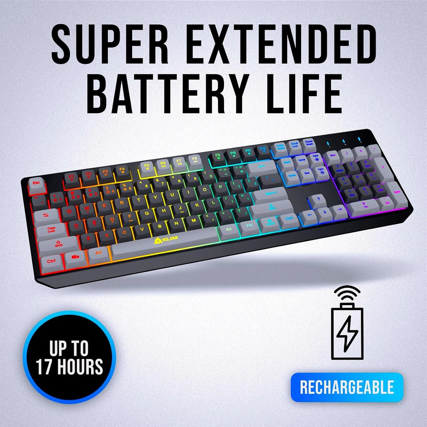 KLIM Chroma Wireless Gaming Keyboard RGB New - Long-Lasting Rechargeable Battery - Quick and Quiet Typing - Water Resistant Backlit Wireless Keyboard for PC PS5 PS4 Mac - Black