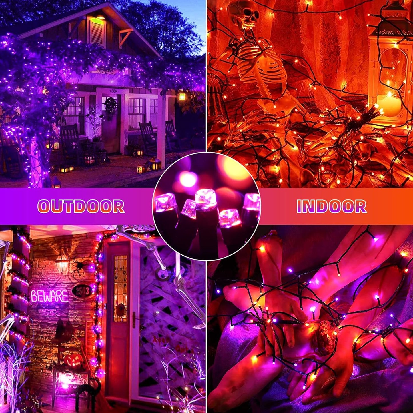 Tcamp 105FT 300 LED Purple Orange Halloween Decorations Lights Motion Activated Sync with 4 Scary Music, 6 Modes Halloween String Lights for Party Yard Outdoor Indoor Decor (3 Sets Connectable)