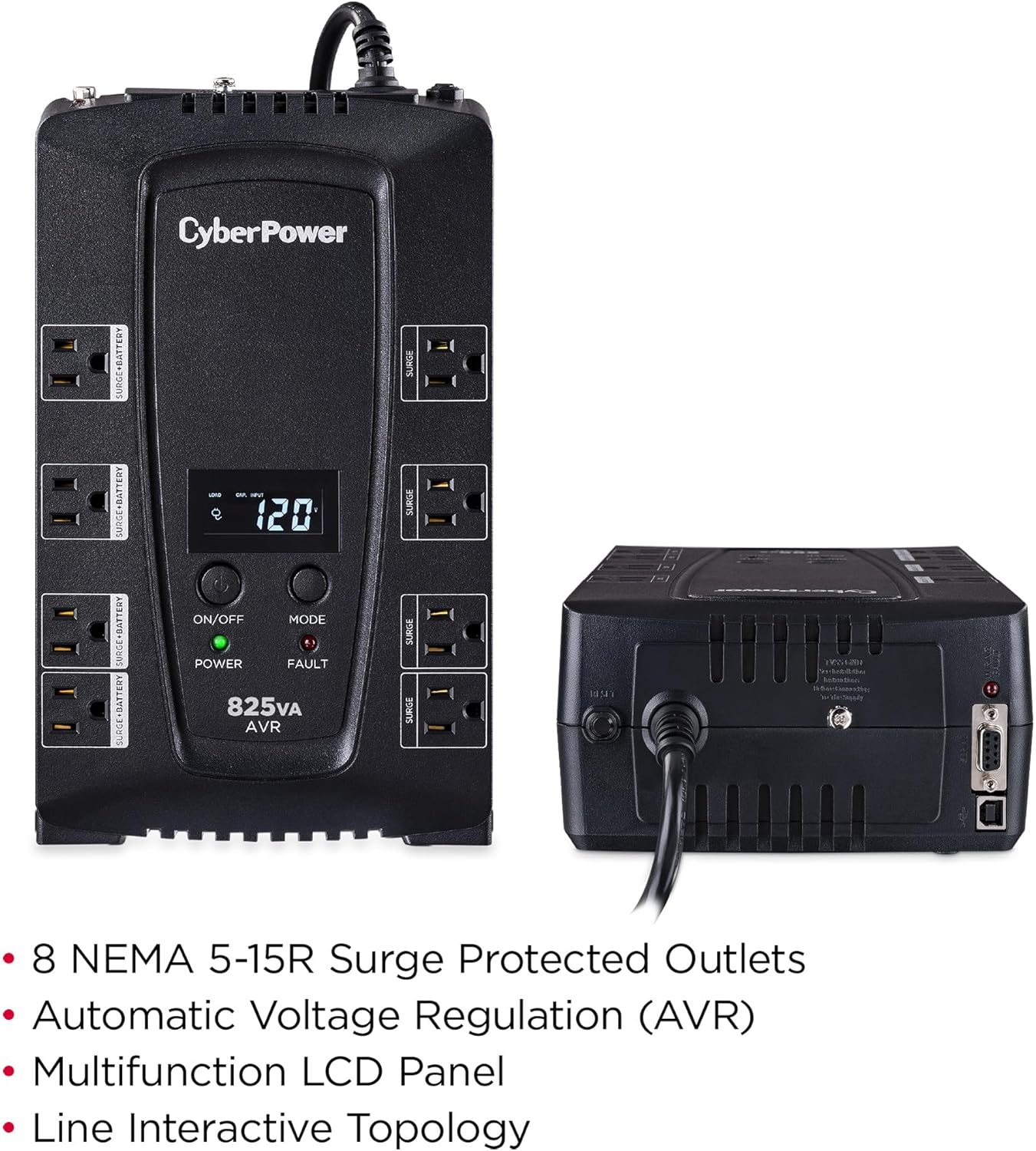 CyberPower CP825AVRLCD Intelligent LCD UPS System, 825VA/450W, 8 Outlets, AVR, Compact