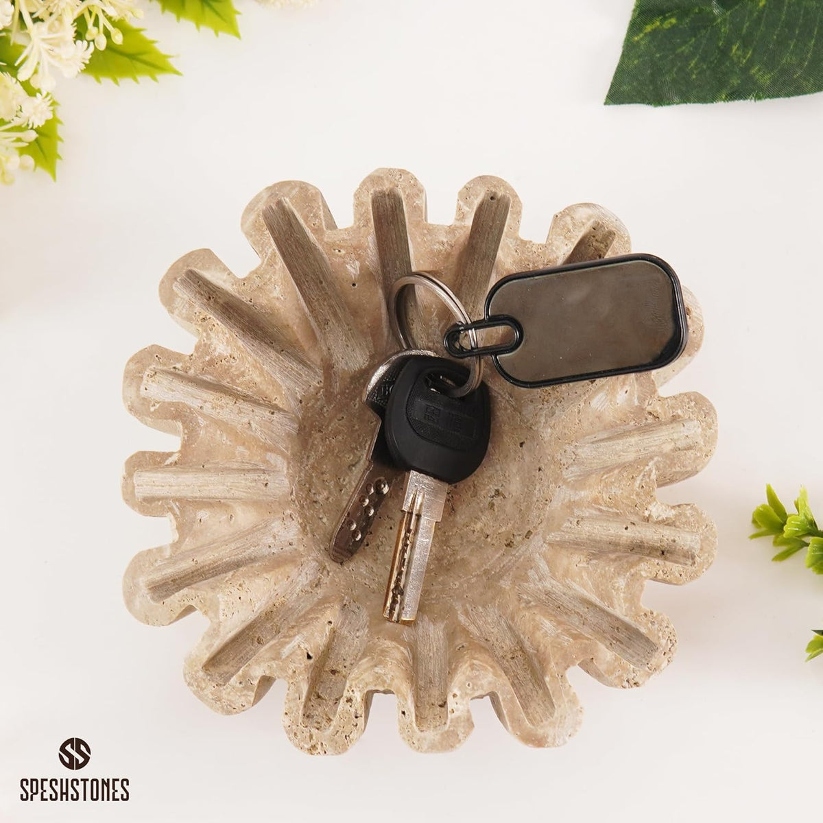 Handmade Travertine Decorative Bowl | Ruffle Stone Bowl | Scalloped Key Bowl | Entryway Accent Bowl | Table Centerpiece Bowl - PuriLite