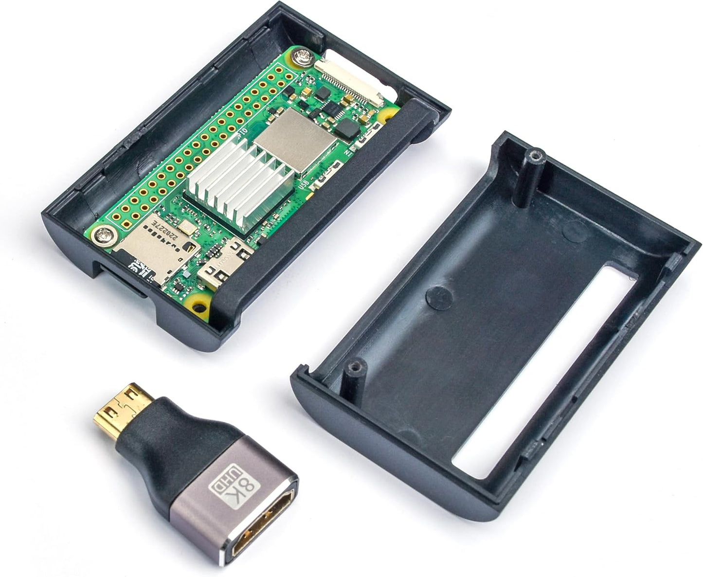 Pi Zero 2 W Base Kit - Includes Official Raspberry Pi Zero 2 W, Aluminum Alloy Mini HDMI to HDMI Adapter, Glossy Black Case, Heat Sink, Color-Coded 20-Pin GPIO Header, and Micro USB OTG Cable