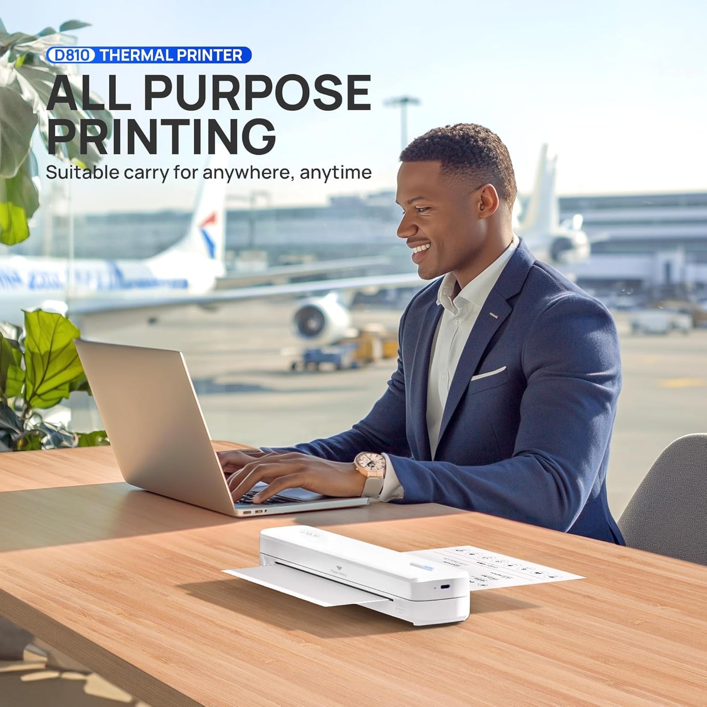 POLONO Portable Printer Wireless for Travel, D810 Bluetooth Thermal Printer Support for 8.5"x11" US Letter, Inkless Compatible with iOS, Android, Laptop for Office, Car and Home, White