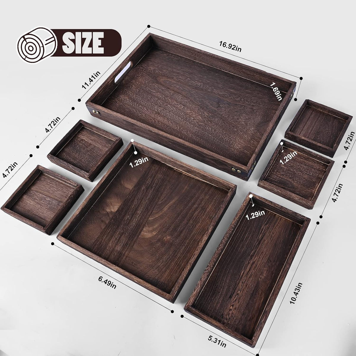 Wood Serving Tray with Handles, Set of 7 Rectangular Wooden Nesting Multipurpose Trays, Decorative Serving Trays Platter for Breakfast in Bed, Lunch, Dinner, Patio, Ottoman, Coffee Table, Party