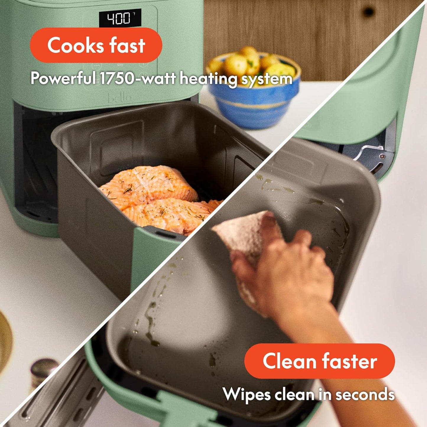 bella 4Qt Slim Air Fryer, Fits-anywhere Kitchenware, EverGood Ceramic Nonstick Coating, Adjustable Temperature, 6 Preset Cooking Options, 60 Min Auto Shutoff w Audible Tone, 3.3lb Capacity, Surf