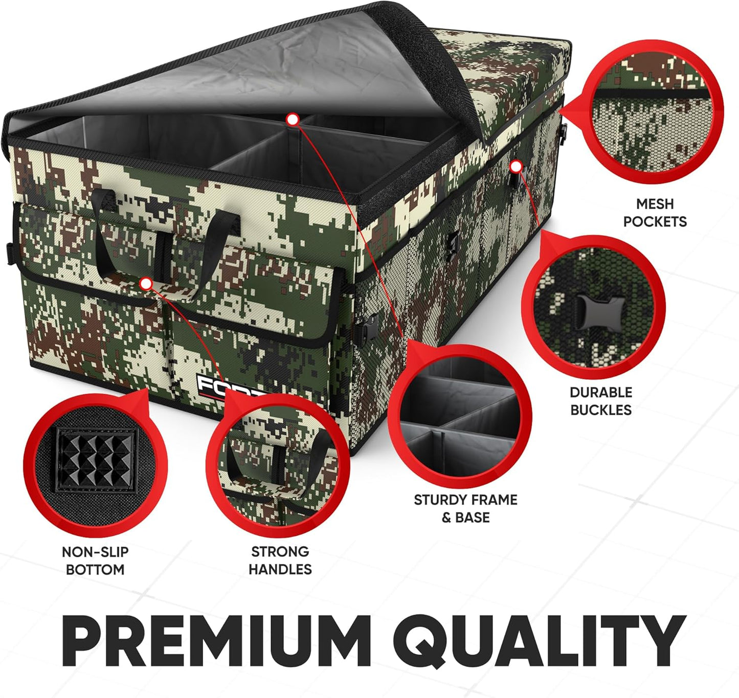FORTEM Car Trunk Organizer, Collapsible Multi Compartment Car Organizer, Foldable SUV Storage for Car Accessories for Women Men, Non Slip Bottom, Securing Straps, Soft Cover 50L (Black, Standard)
