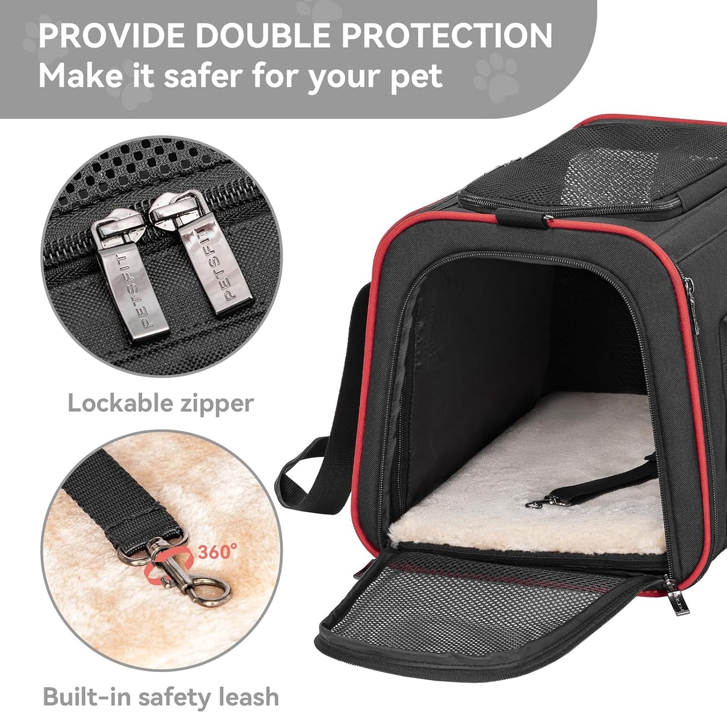 Petsfit Expandable Cat Dog Carrier Airline Approved, 17" L x 11" W x 11" H Soft-Sided Portable Pet Travel Carrier for Kitten, Puppy, Removable Soft Plush Mat and Pockets, Auto-Locking Zippers
