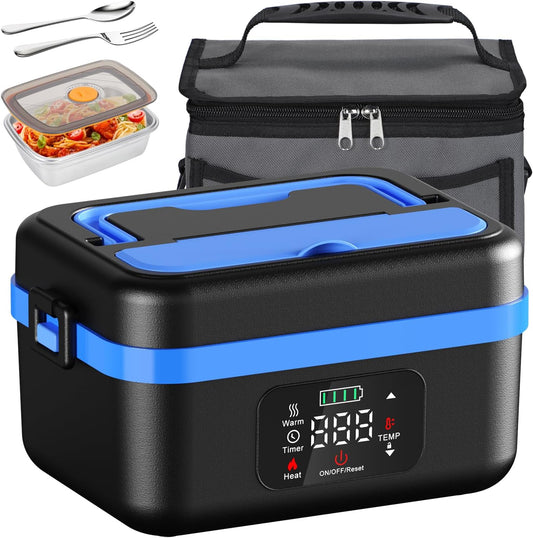 Cordless Electric Lunch Box, Battery Powered Heated Lunch Box, 1 Liter Food Insulated Lunchbox with Fork and Spoon Insulated Carrying Pouch for Truck Drivers Blue Collar (Black)