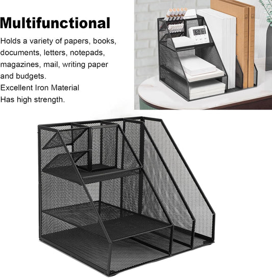 Metal Mesh Desktop Organizer Efficient Iron Storage Rack for Office Home School Supplies Black Iron