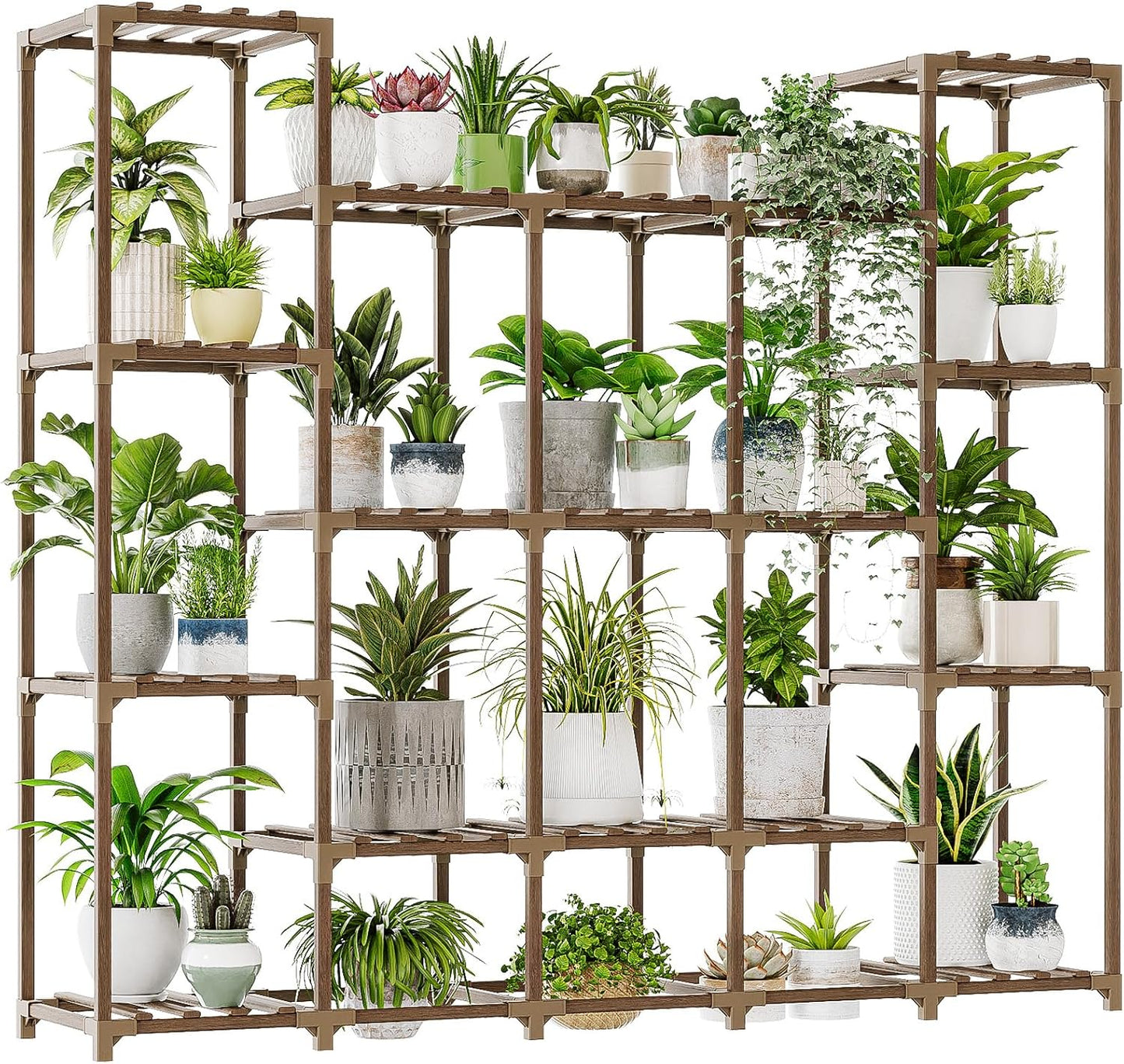 Bamworld Plant Stand Indoor Outdoor Hanging Plant Shelf for Multiple Plants Pots Wood Flower Stand Tall Large Flower Holder for Living Room, Patio, Balcony, Garden Decor, Brown