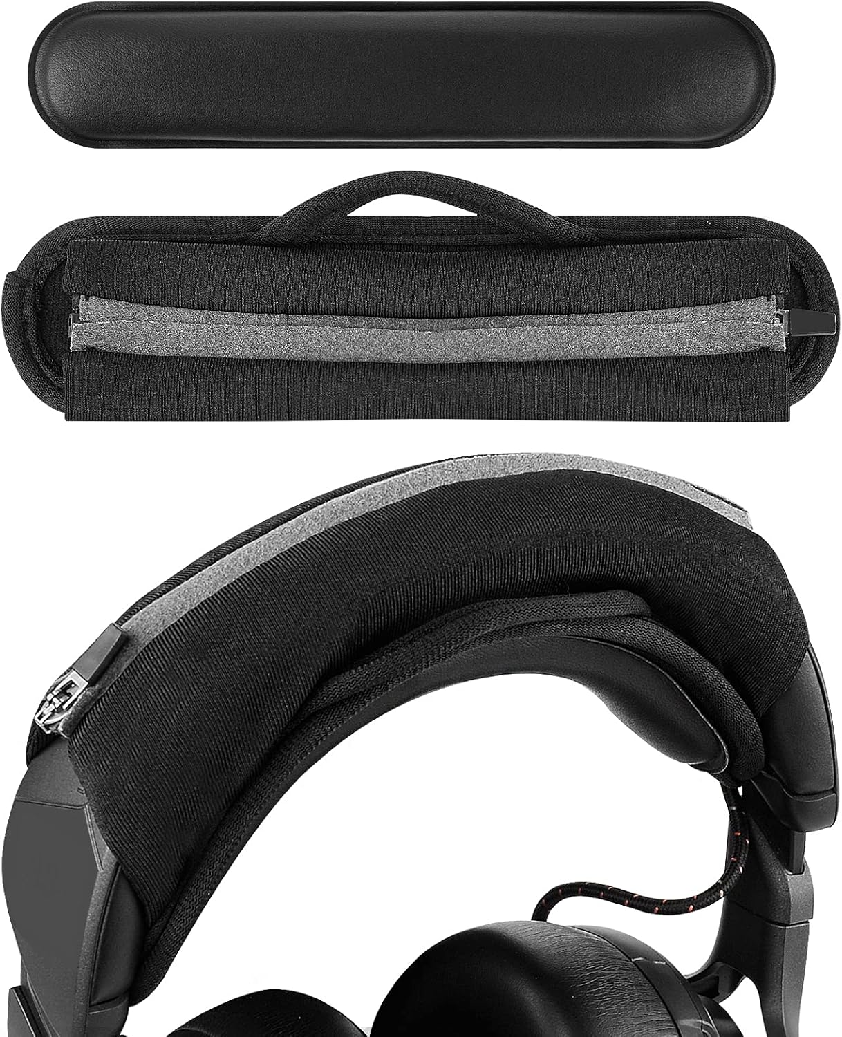 Geekria Hook and Loop Headband Cover + Pad Set, Protector with Zipper Closure Compatible with Medium Sized Headphones, Easy DIY Installation (Protein Leather/Black)