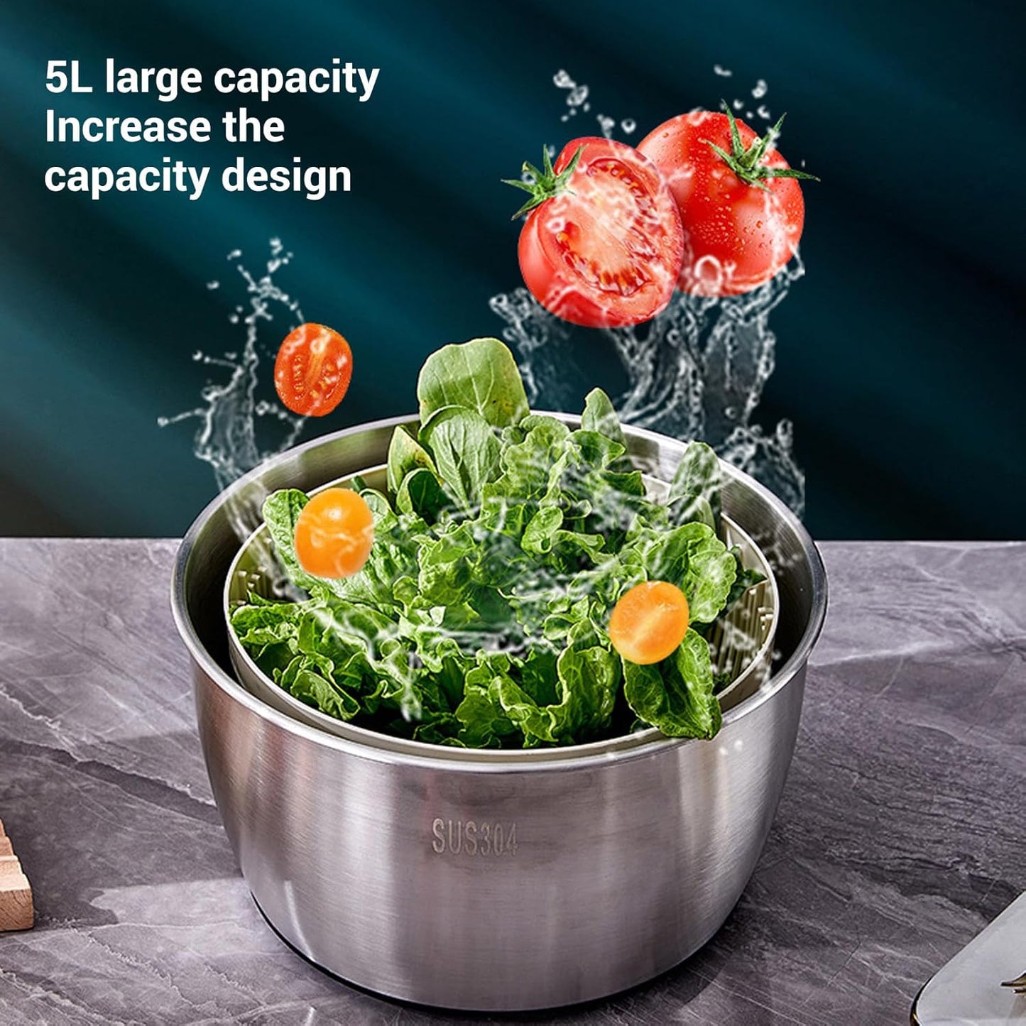 Stainless Steel Salad Spinner, Quick and Easy Vegetable Washer Lettuce Spinner with Transparent Lid and Drain Bowl Colander