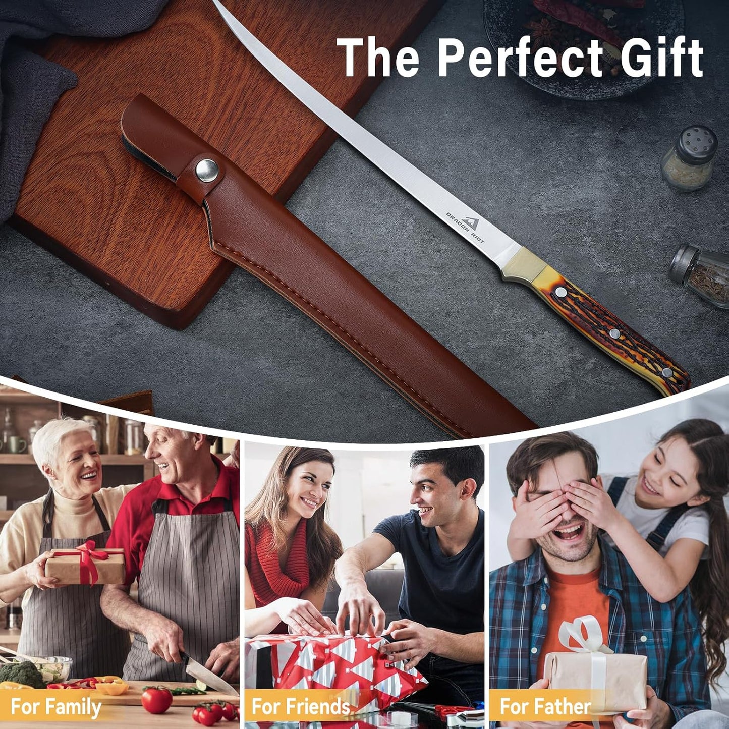 DRAGON RIOT Fillet Knife 7.5 inch Professional Boning Knife for Filleting Japanese Stainless Steel Fish Knife with Ergonomic Handle Super Sharp Fish Filleting Knife for Meat Poultry Cutting