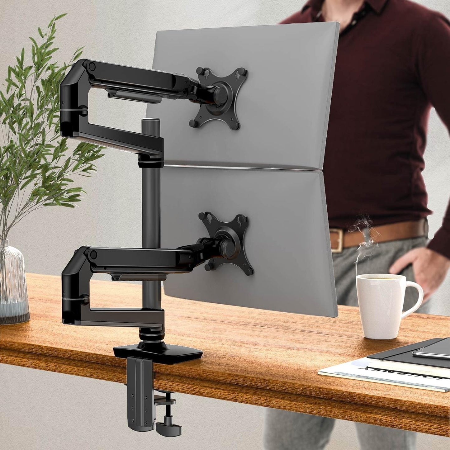 ErgoUnion Dual Monitor Stand for Desk, Vertical Dual Monitor Mount with Wide Range of Motion, Dual Monitor Arm for 17-40" Screen up to 25 lbs Each, Computer Monitor Stand for 2 Monitors - Black