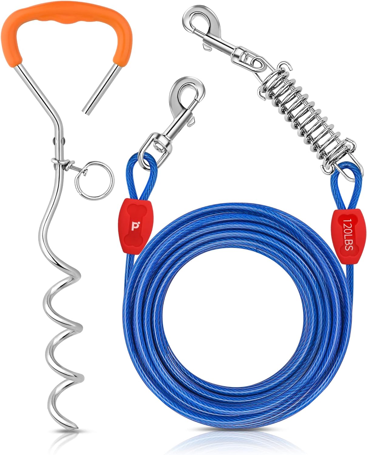 Petbobi Dog Tie-Out Cable and Stake - 30ft Heavy Duty Cable with Spring, No Tangle, 16in Ground Stake, Ideal for Yard, Camping and Beach, Suitable for Small Medium Large Dogs Up to 120 lbs, Blue