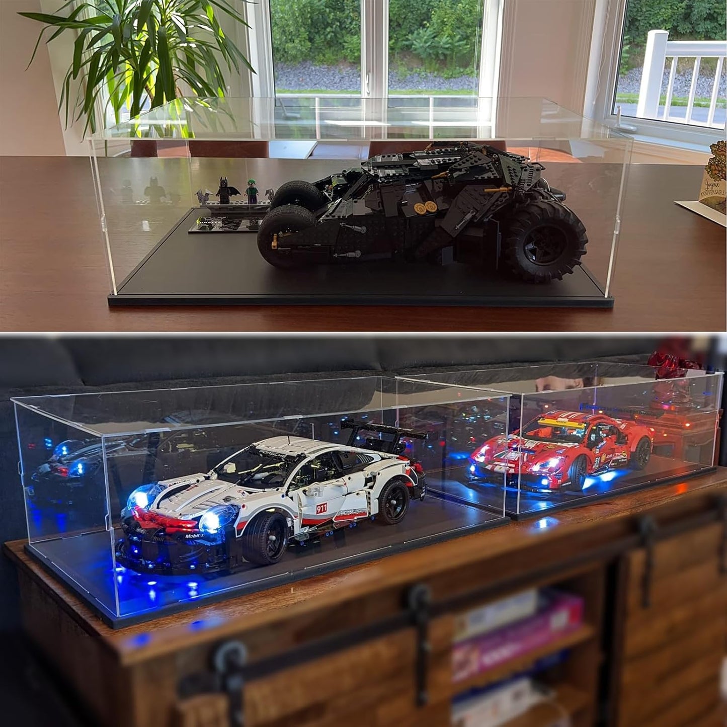 Thickened Clear Acrylic Display Case for Lego 10330 43268 76450 42170 10295 10353 Collectibles, Transparent Box Dustproof Protection with Wood-Plastic Base & String Light, Black Inside 40x20x20cm