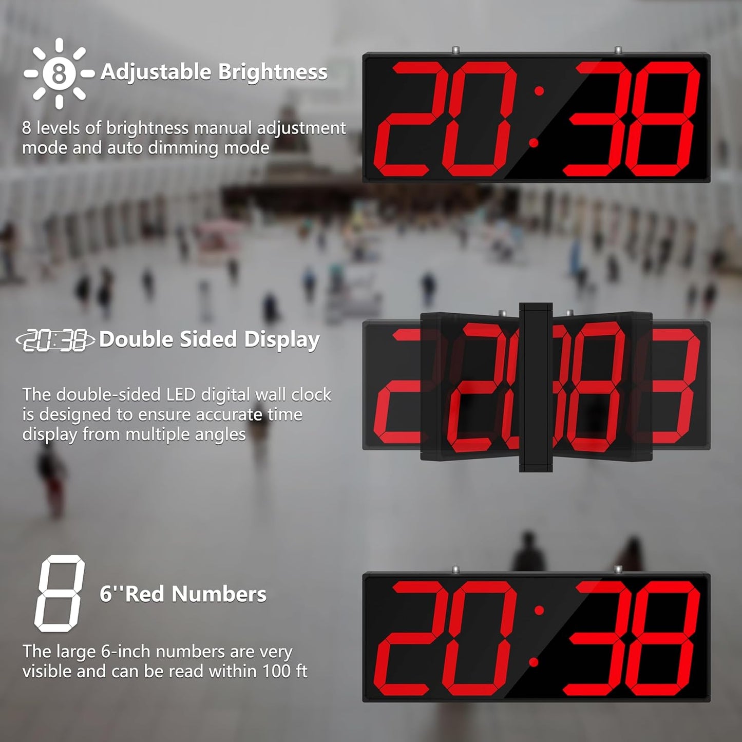 CHKOSDA Digital Wall Clock with Double Sided Display, Large Digital Clock with Timer,Alarm,Temperature and Date,Two Faced Hanging Wall Clock with 6''Number (White)