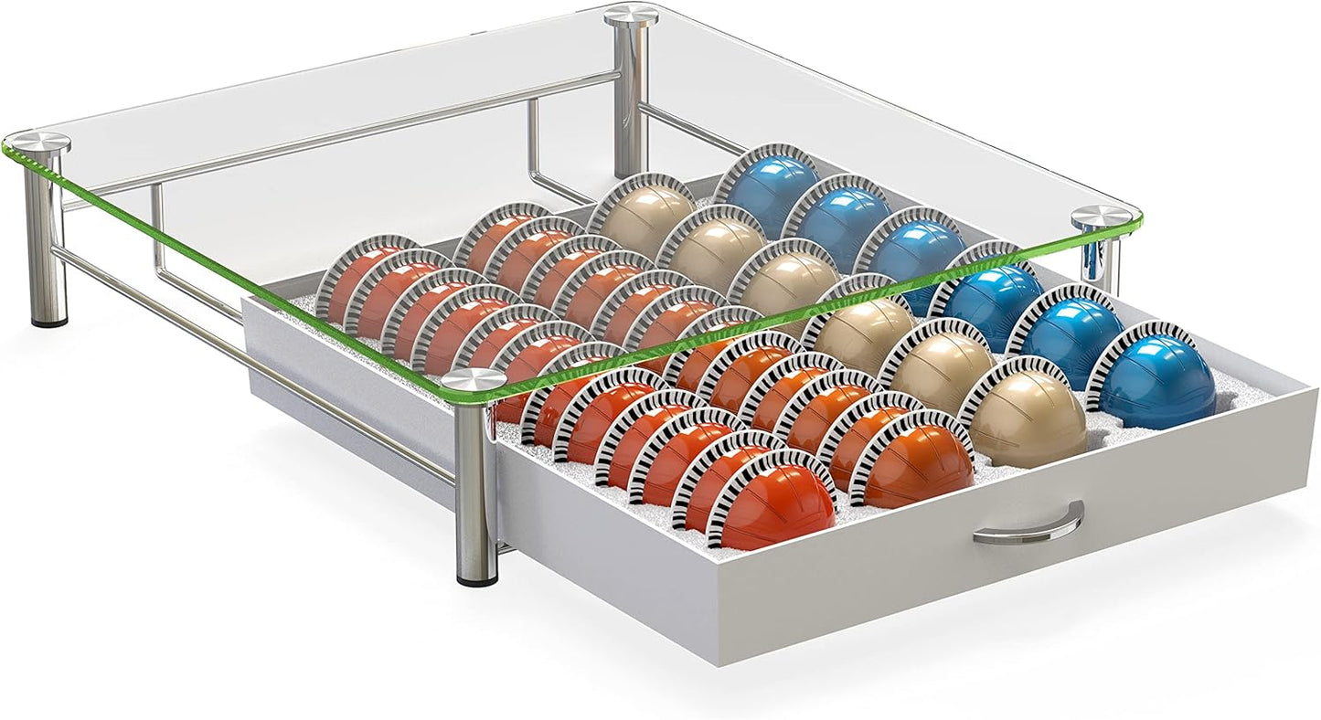 DecoBrothers Vertuo Pod Holder VertuoLine Drawer Storage for Nespresso Coffee Capsules, Crystal Tempered Glass, White