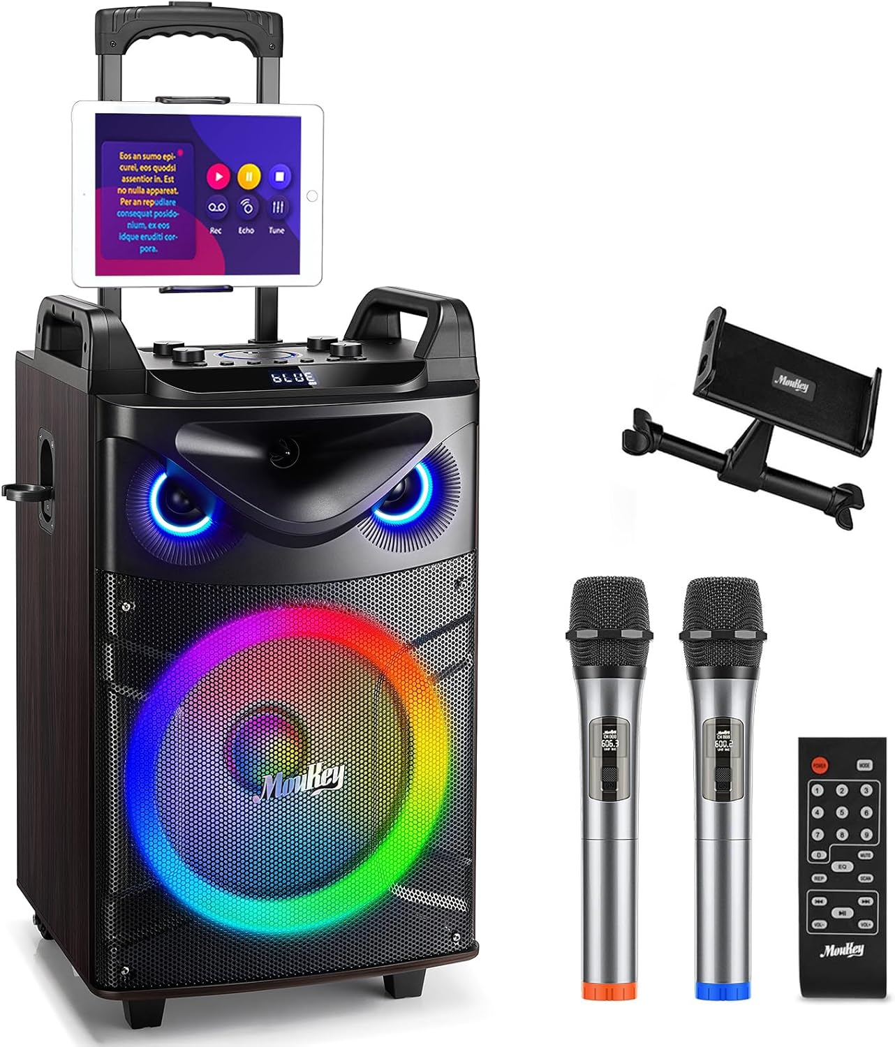 Moukey Karaoke Machine, 10" Woofer Portable PA System, Bluetooth Speaker with 2 Wireless Microphones, Lyrics Display Tablet Holder, Party Lights & Echo/Treble/Bass Adjustment Support REC/AUX/USB/TF