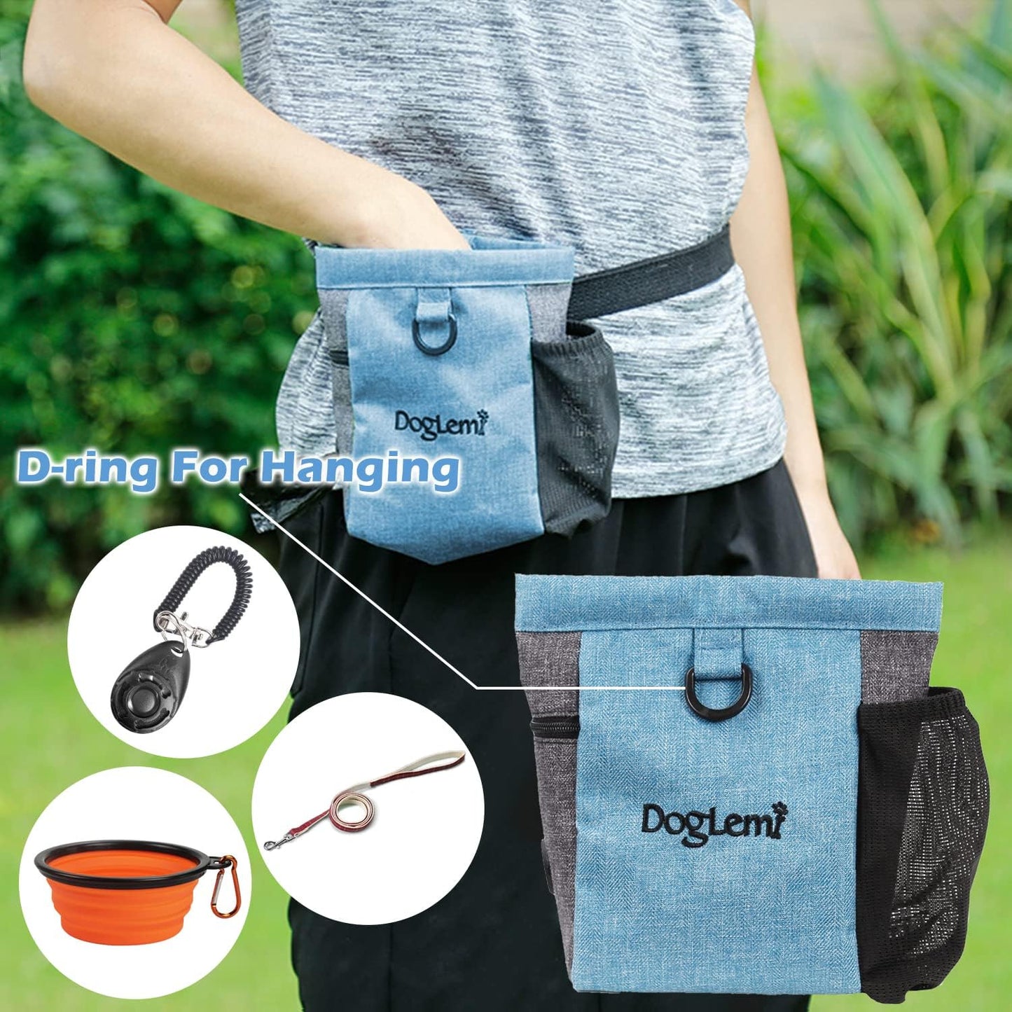 Dog Treat Pouch with Adjustable Waist Belt,Portable Dog Treat Bag for Training,Dog Walking Bag with Opening of Poop Bag,Outdoor Multi-Function Pet Feed Snack Reward Pocket with Magnetic Closure(Blue)